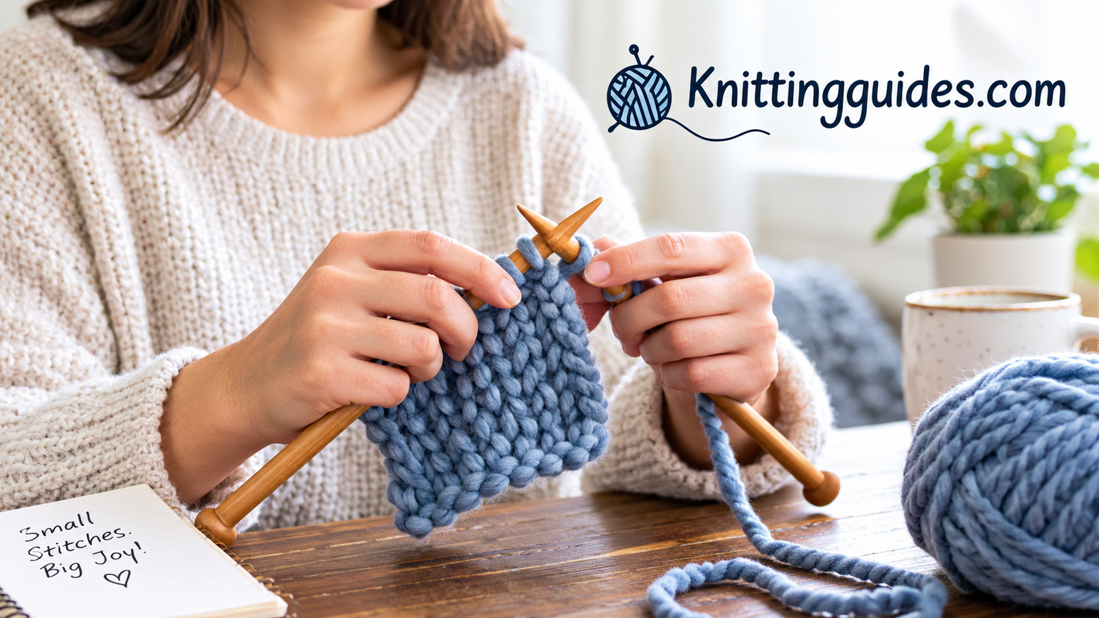 A beginner holding a pair of medium wooden knitting needles with chunky worsted yarn in soft light