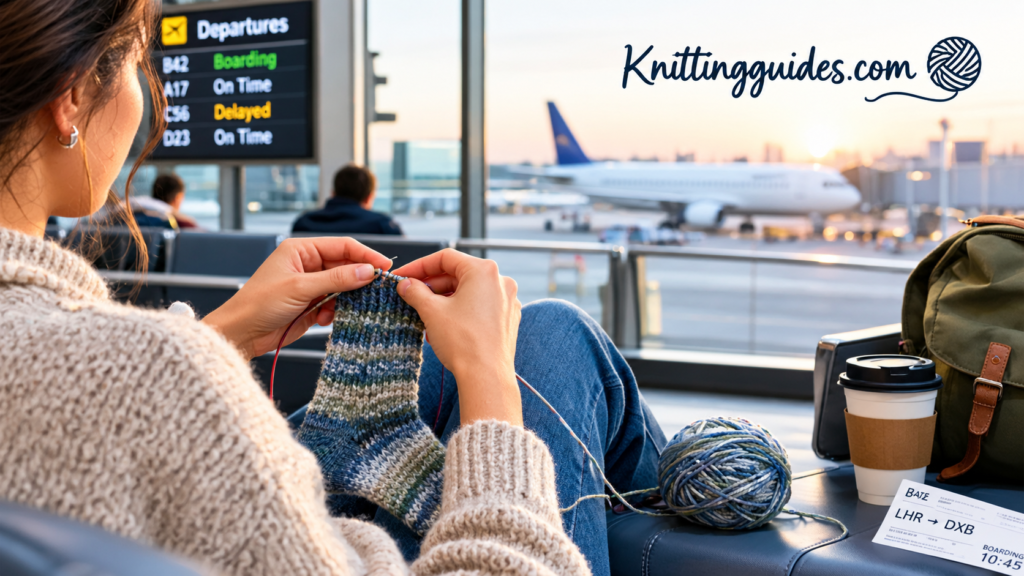 A knitter working on a sock with circular needles in an airport departure lounge