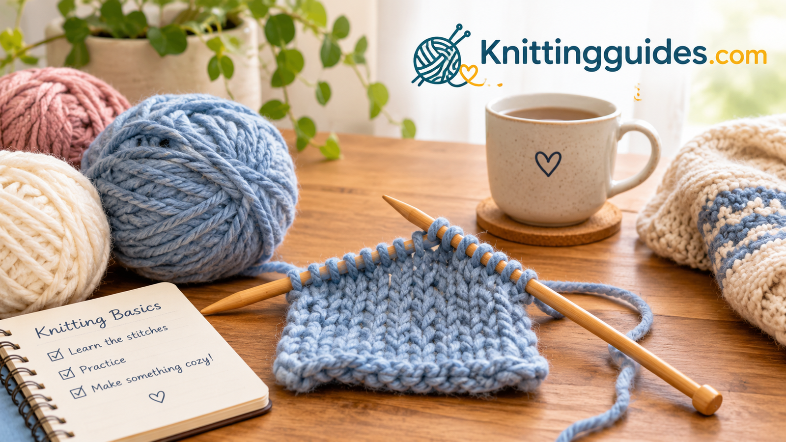 Beginner knitting with soft wool yarn and wooden needles on a cozy table