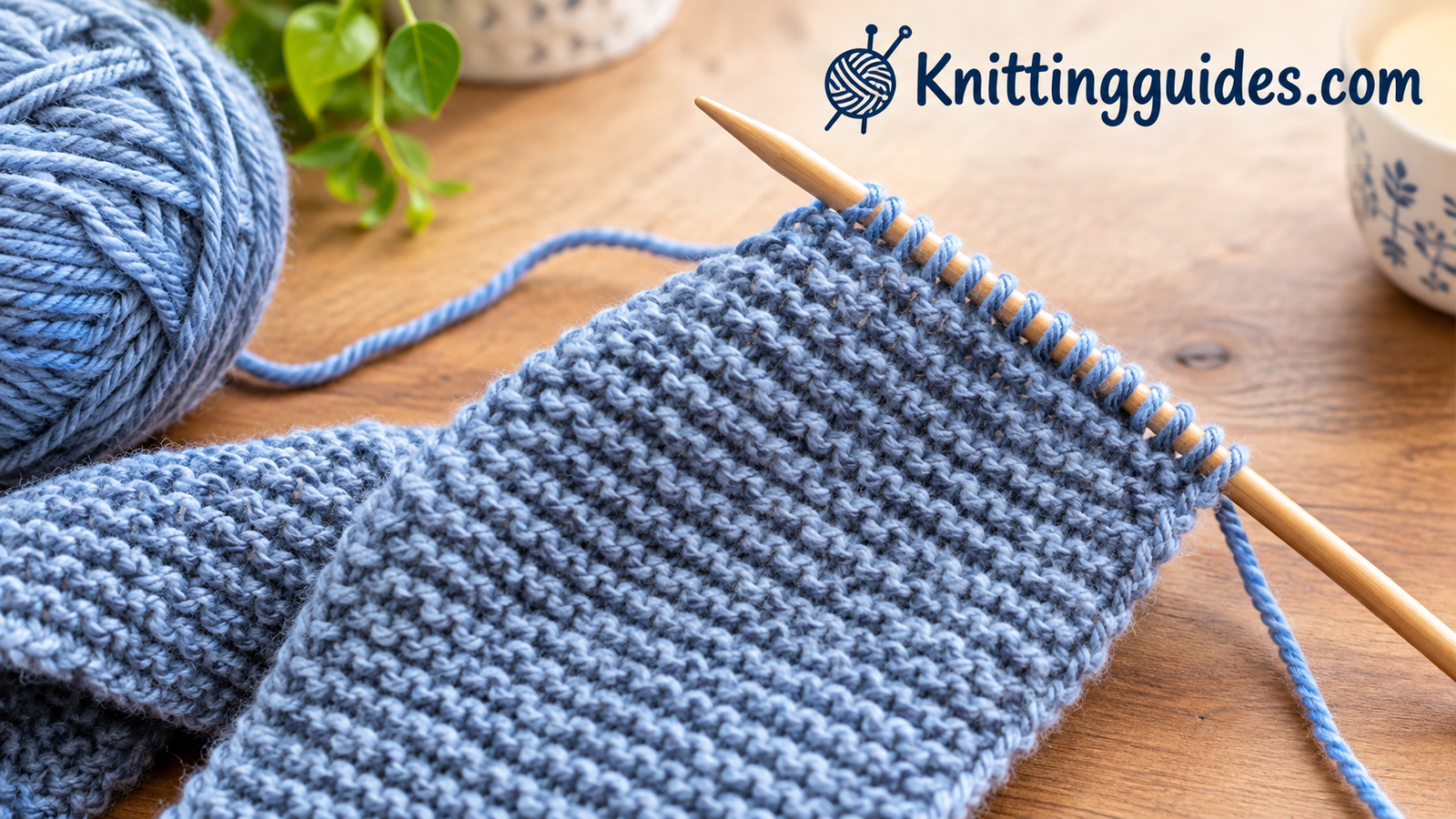 Close-up of a beginner garter stitch scarf in progress on knitting needles