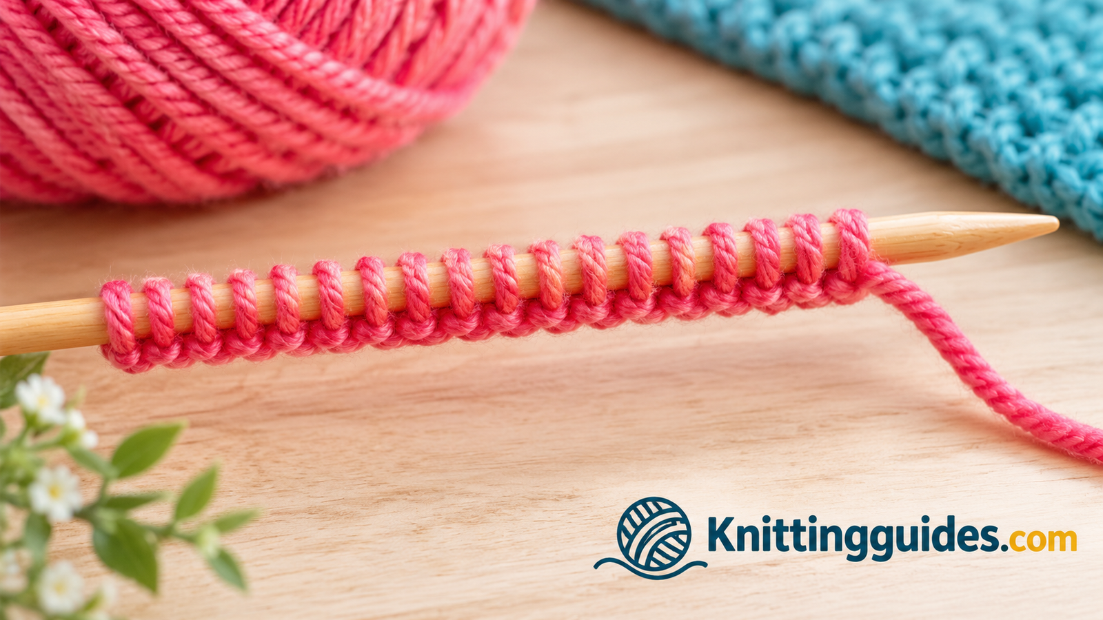 Close-up of a neat cast on edge on a wooden knitting needle with soft yarn in a bright color