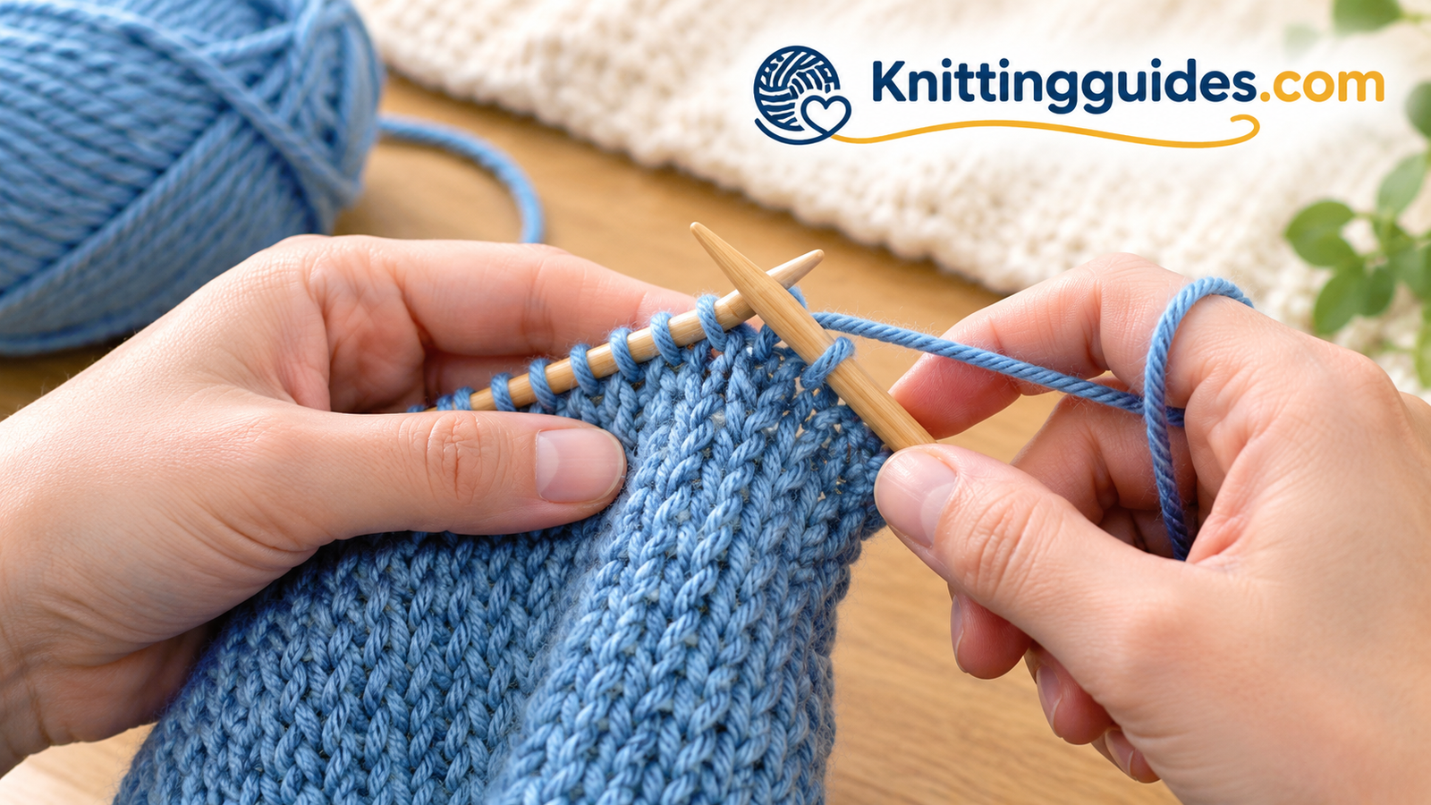 Close-up of hands holding knitting needles and yarn while working a row of stitches