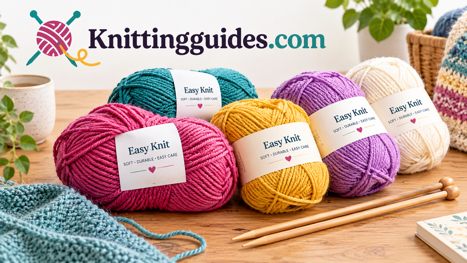Colorful skeins of beginner-friendly knitting yarn arranged next to a pair of wooden knitting needles
