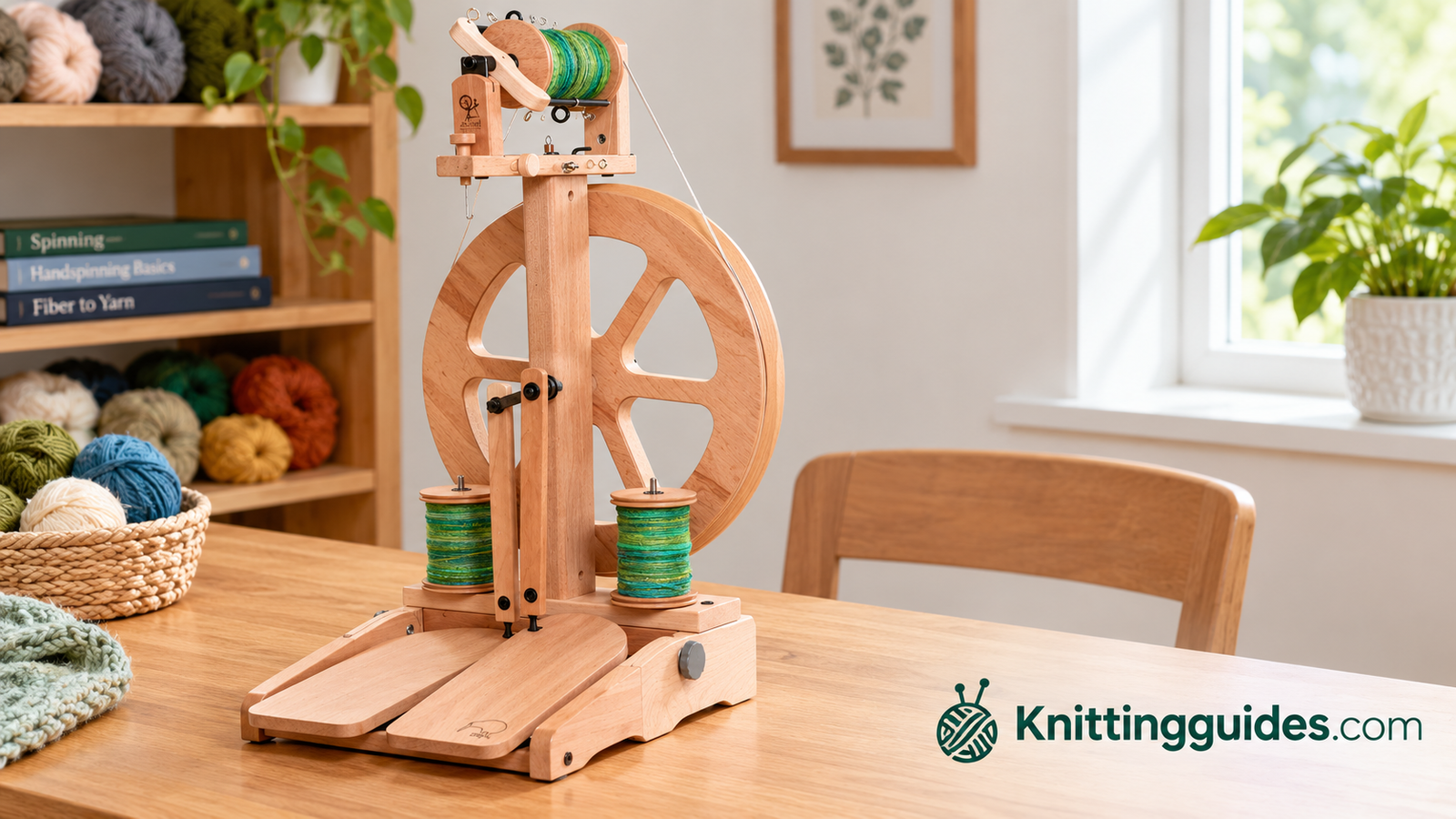 Compact wooden spinning wheel set up on a table, a beginner-friendly model with a bobbin and flyer
