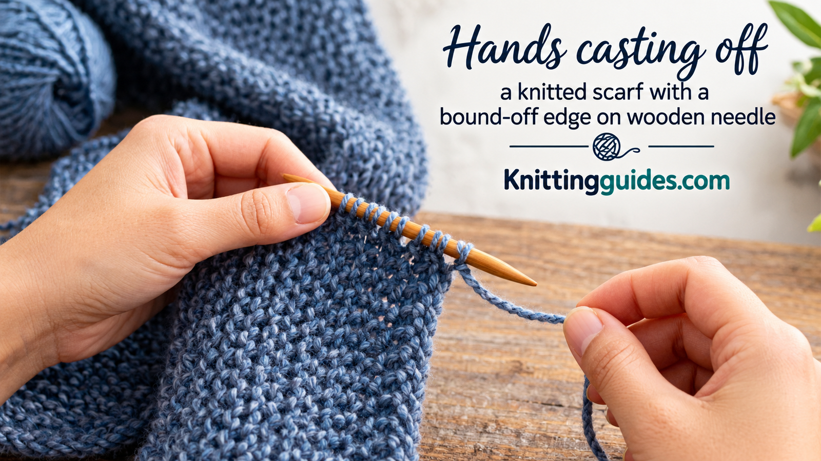 Hands casting off a knitted scarf with a bound-off edge on wooden needles