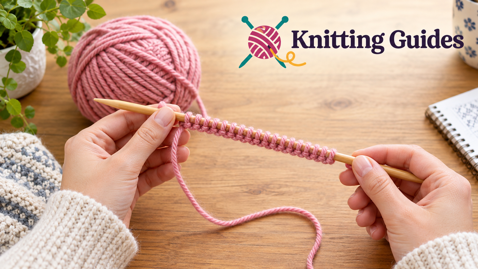 Hands holding a knitting needle with a freshly cast on row of stitches and a ball of yarn