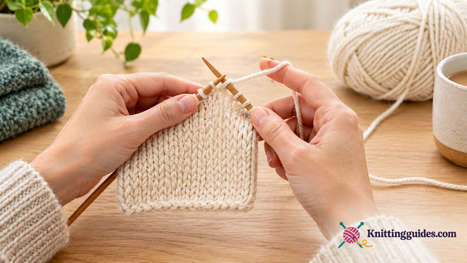 Hands knitting a simple stockinette swatch with smooth light-colored worsted weight yarn