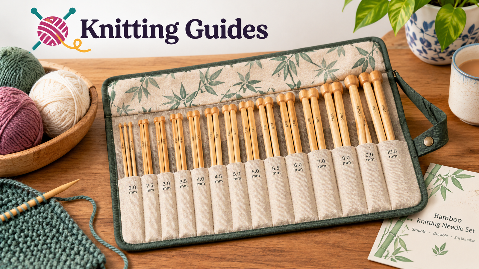 Bamboo knitting needle set with multiple sizes arranged in a case
