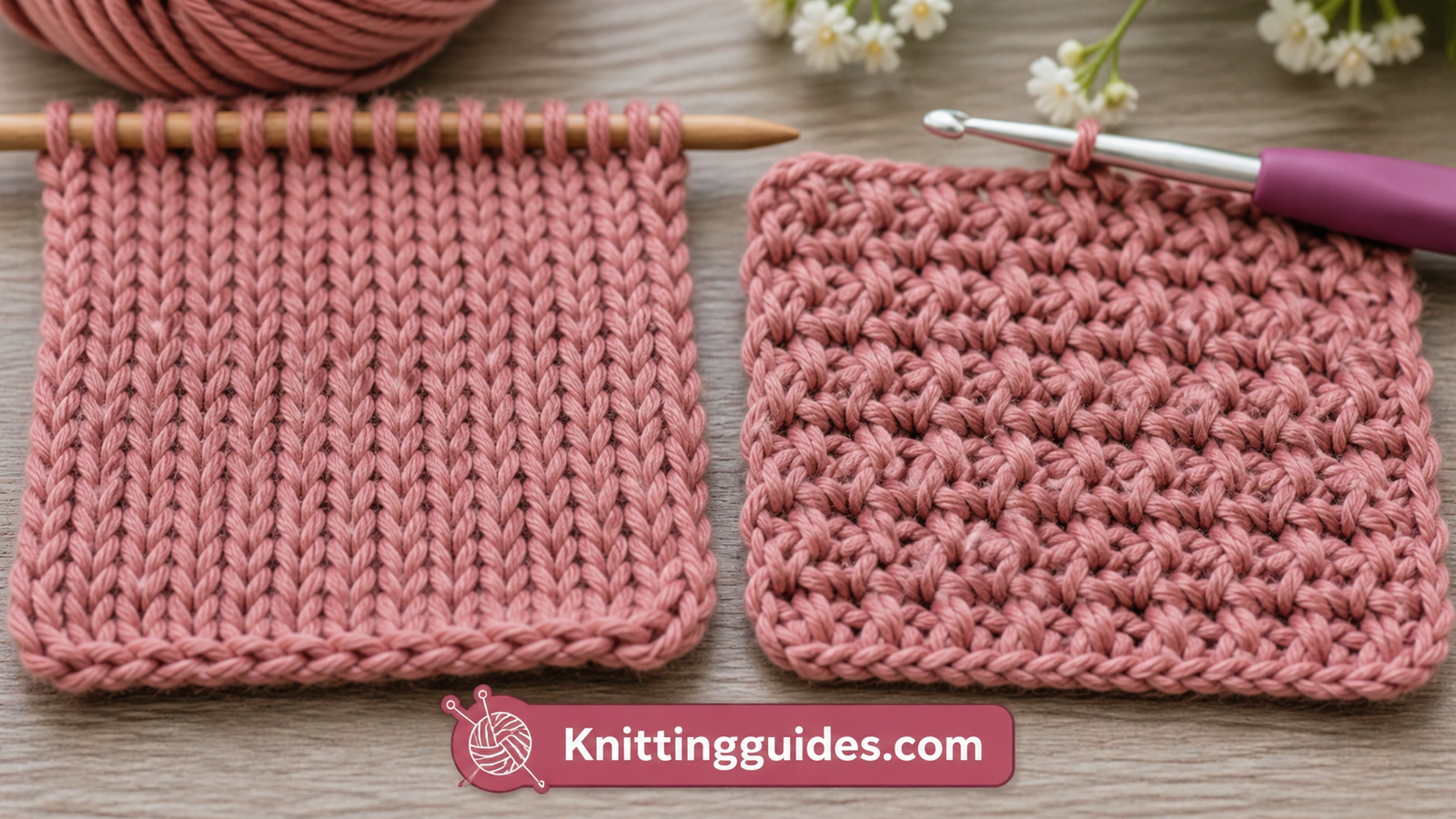 Close-up of a knitted swatch next to a crocheted swatch in the same yarn, showing the different stitch textures