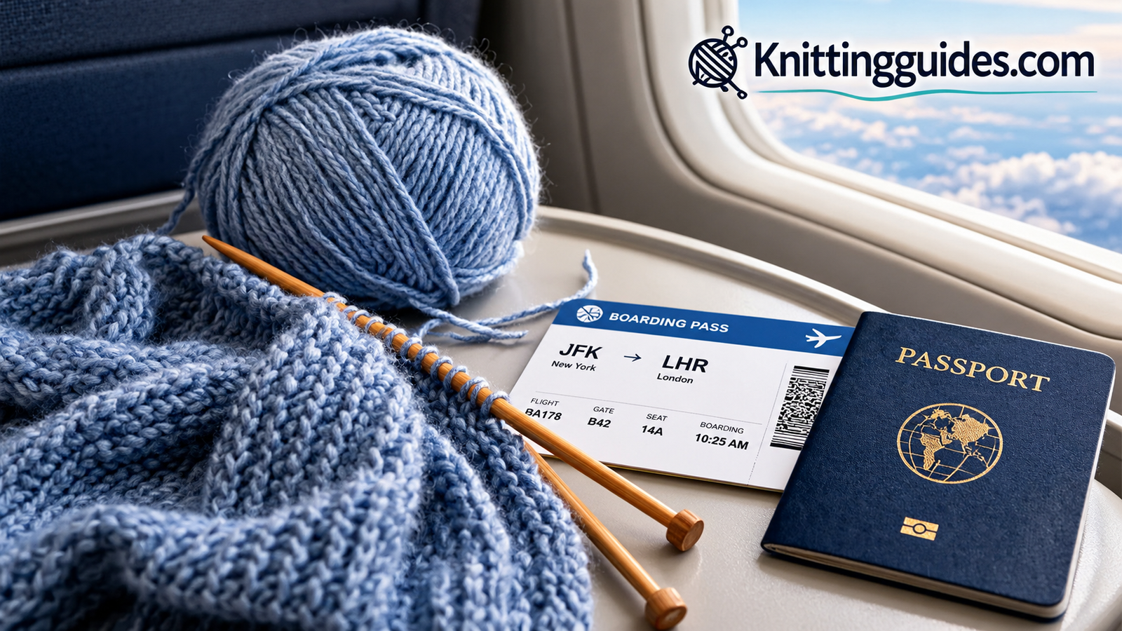 Knitting needles, a ball of yarn and a half-finished project resting beside a boarding pass and passport on a travel tray table