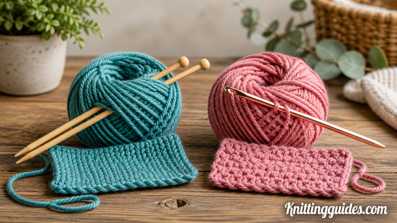 A ball of teal yarn with knitting needles beside a ball of rose yarn with a crochet hook, side by side on a wooden table